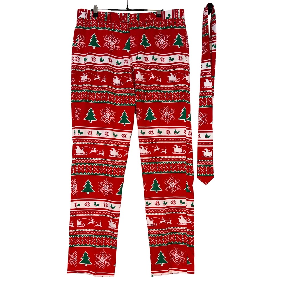 OppoSuits Mens Christmas Fair Isle Dress Pants & Tie Red Santa US 44 Ugly Xmas